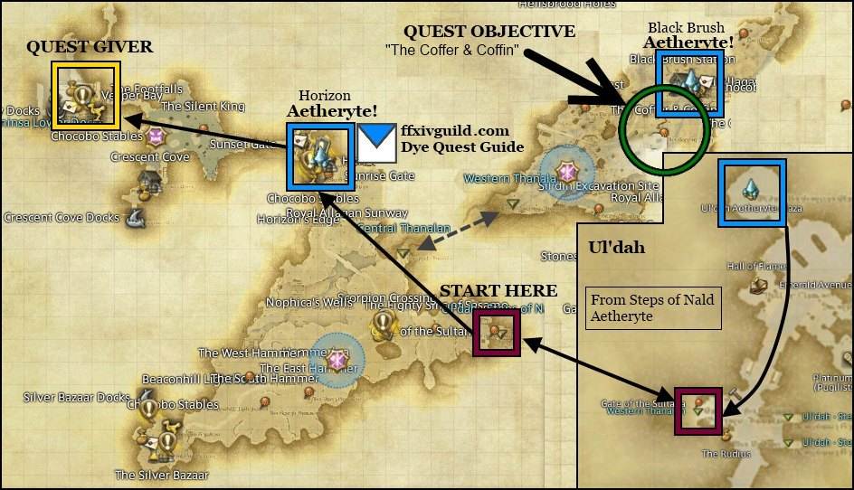 Color your world guide FFXIV ARReborn Dye quest guide map